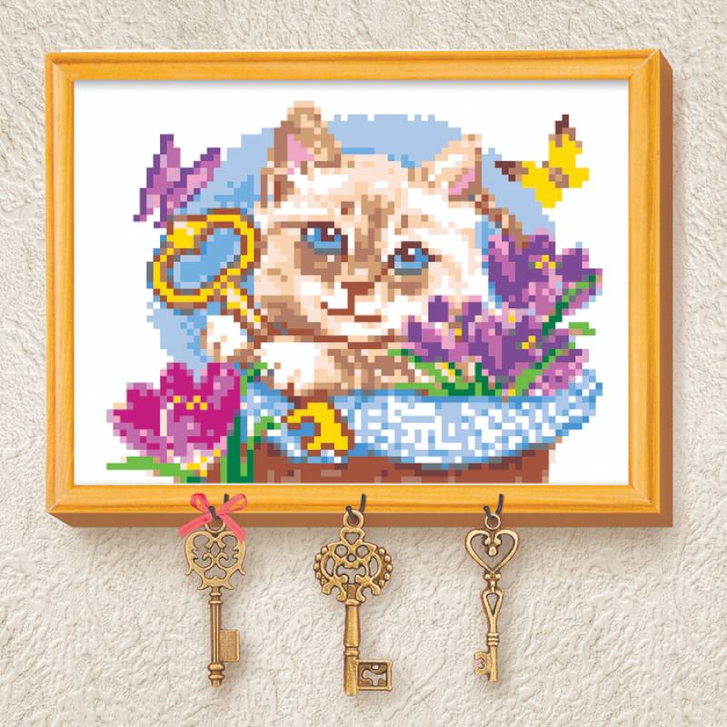 Вышивка крестиком на ключнице 'Кот', 21x15 см