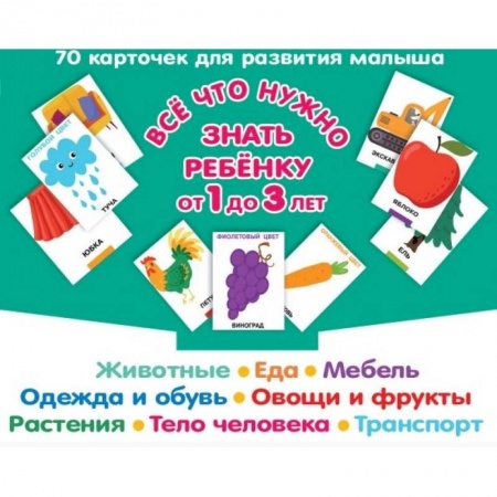 Все обо всем. Универсальные энциклопедии, книга Все, что нужно знать ребенку от 1 до 3 лет.Животные. Еда. Мебель. Одежда и обувь. Овощи в фрукты. Тело человека. Транспорт. 70 карточек для развития малыша купить по скидке